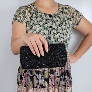 Vintage JEM Hand Made Sequin Beaded Envelope Clutch 1960s Retro Formal Black Eve